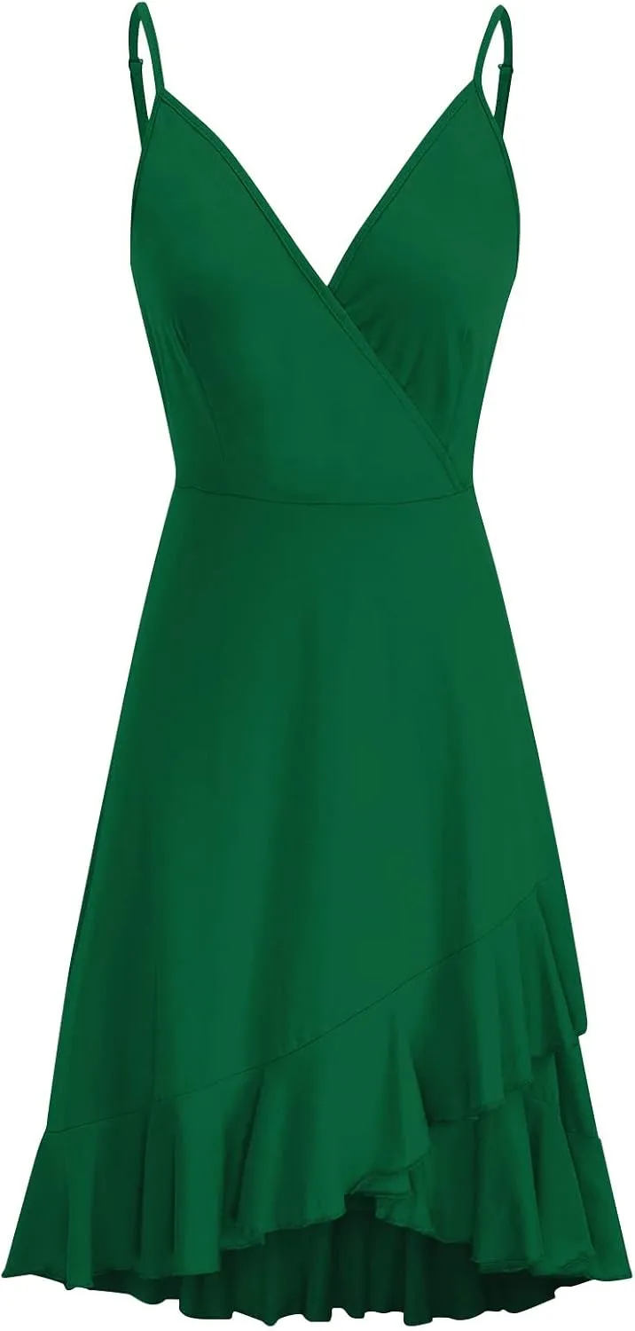 Sundresses for Women,2024 Summer Elegant Sexy Wrap V Neck Sling Party Dress,Trendy Flowy Ruched Ruffle Hem Beach Dress