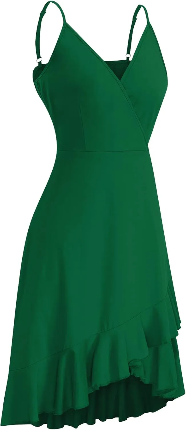 Sundresses for Women,2024 Summer Elegant Sexy Wrap V Neck Sling Party Dress,Trendy Flowy Ruched Ruffle Hem Beach Dress