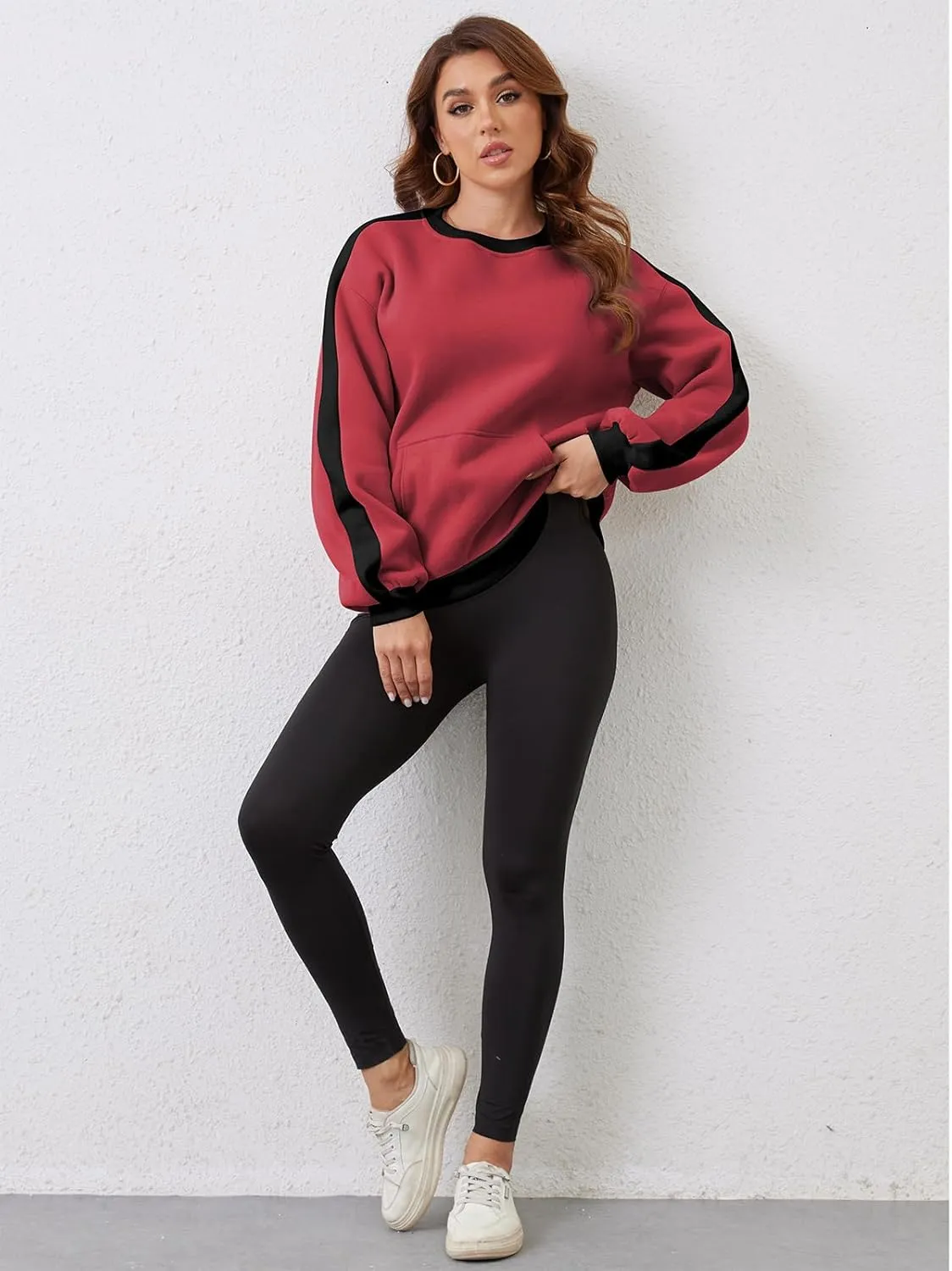 Sureple Women'S Fleece Sweatshirts Color Block Ribbed Crewneck Long Sleeve Pullover Tops Fall Winter Clothing With Pockets