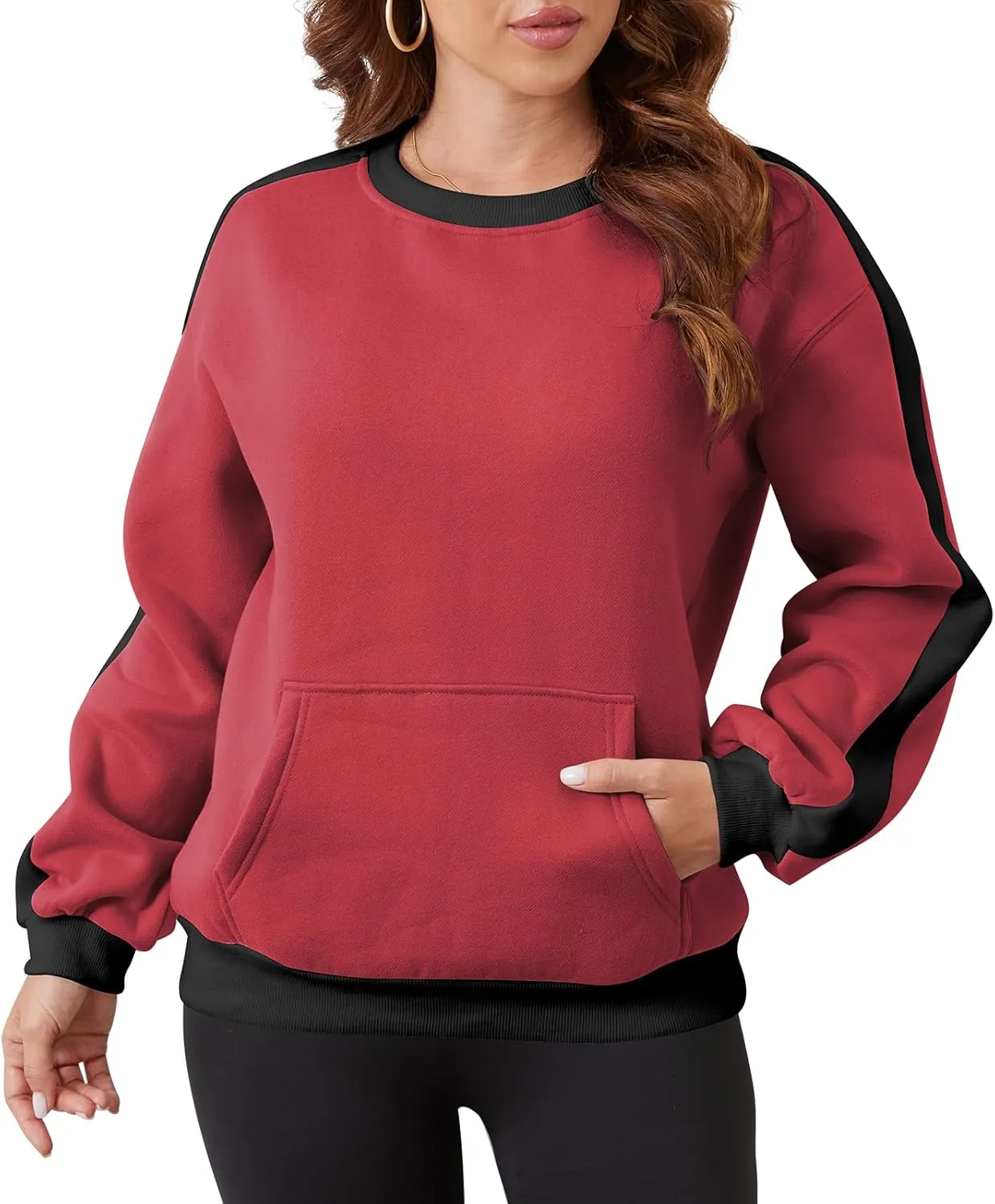 Sureple Women'S Fleece Sweatshirts Color Block Ribbed Crewneck Long Sleeve Pullover Tops Fall Winter Clothing With Pockets