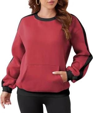 Sureple Women'S Fleece Sweatshirts Color Block Ribbed Crewneck Long Sleeve Pullover Tops Fall Winter Clothing With Pockets