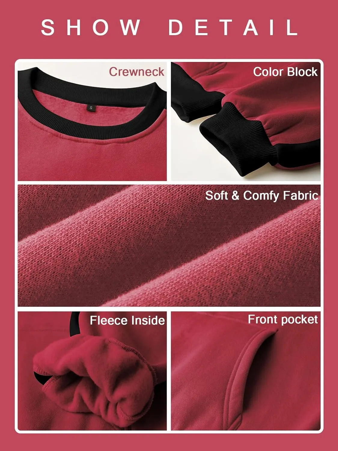 Sureple Women'S Fleece Sweatshirts Color Block Ribbed Crewneck Long Sleeve Pullover Tops Fall Winter Clothing With Pockets