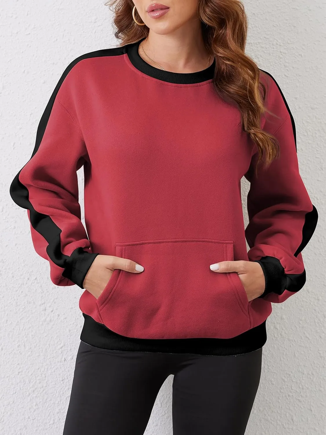 Sureple Women'S Fleece Sweatshirts Color Block Ribbed Crewneck Long Sleeve Pullover Tops Fall Winter Clothing With Pockets