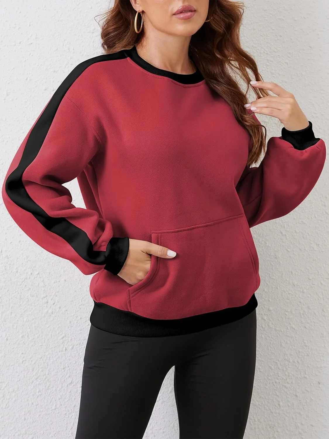 Sureple Women'S Fleece Sweatshirts Color Block Ribbed Crewneck Long Sleeve Pullover Tops Fall Winter Clothing With Pockets