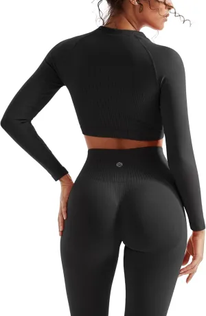 SUUKSESS Women 2 Piece Workout Sets Hidden Scrunch Butt Lifting Seamless Leggings Long Sleeve Yoga Crop Tops