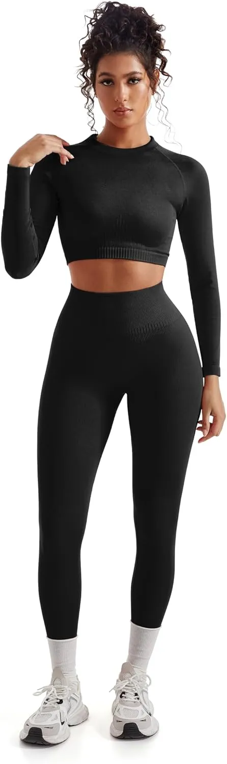 SUUKSESS Women 2 Piece Workout Sets Hidden Scrunch Butt Lifting Seamless Leggings Long Sleeve Yoga Crop Tops