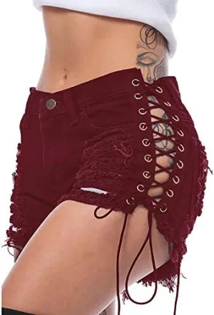 Swbreety Women's High Rise Ripped Hole Bandage Denim Shorts Lace Up Short Jeans