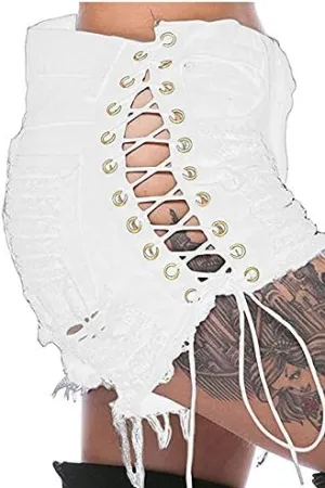 Swbreety Women's High Rise Ripped Hole Bandage Denim Shorts Lace Up Short Jeans