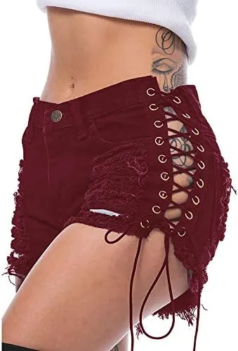 Swbreety Women's High Rise Ripped Hole Bandage Denim Shorts Lace Up Short Jeans