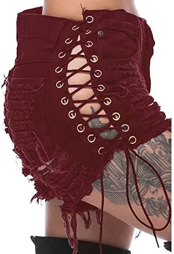 Swbreety Women's High Rise Ripped Hole Bandage Denim Shorts Lace Up Short Jeans