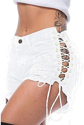 Swbreety Women's High Rise Ripped Hole Bandage Denim Shorts Lace Up Short Jeans
