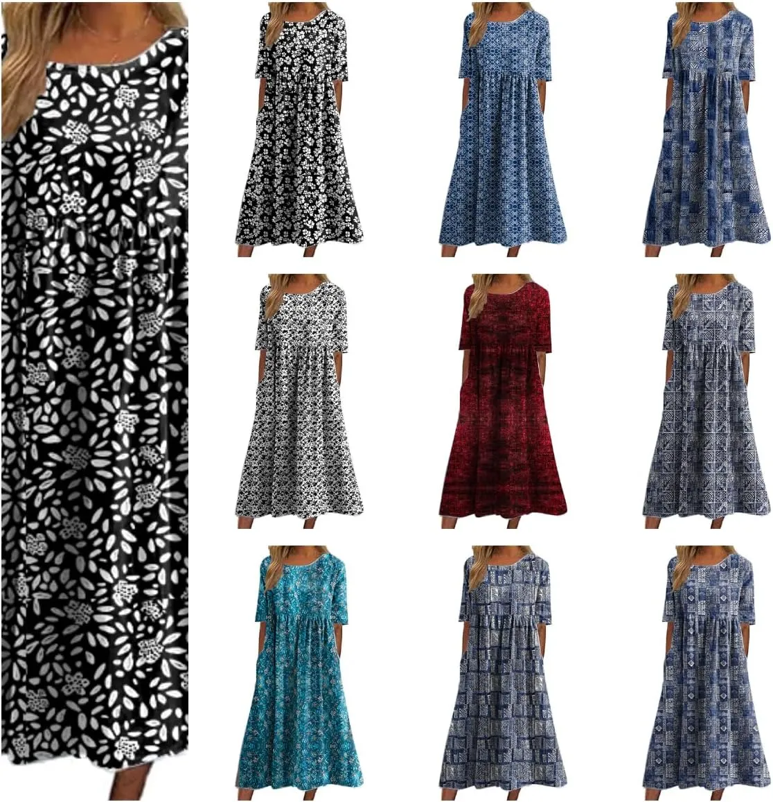 Tshirt Dress Women Polyester Empire Waist Crew Neck Half Sleeve Plus Size with Pockets Loose Fitting Sun Dress
