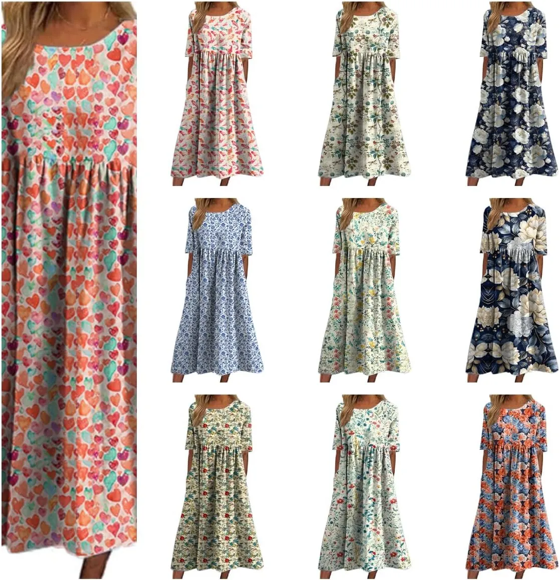 Tshirt Dress Women Polyester Empire Waist Crew Neck Half Sleeve Plus Size with Pockets Loose Fitting Sun Dress