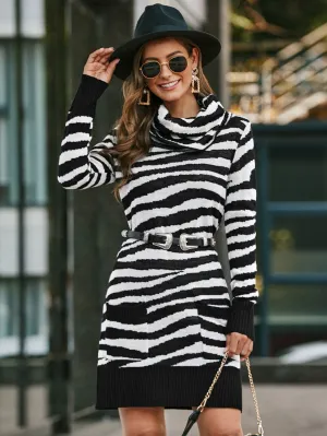 Turtleneck Zebra Striped Jumper Dress