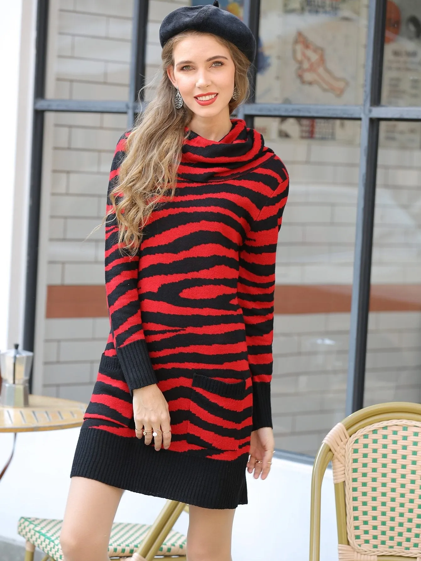 Turtleneck Zebra Striped Jumper Dress