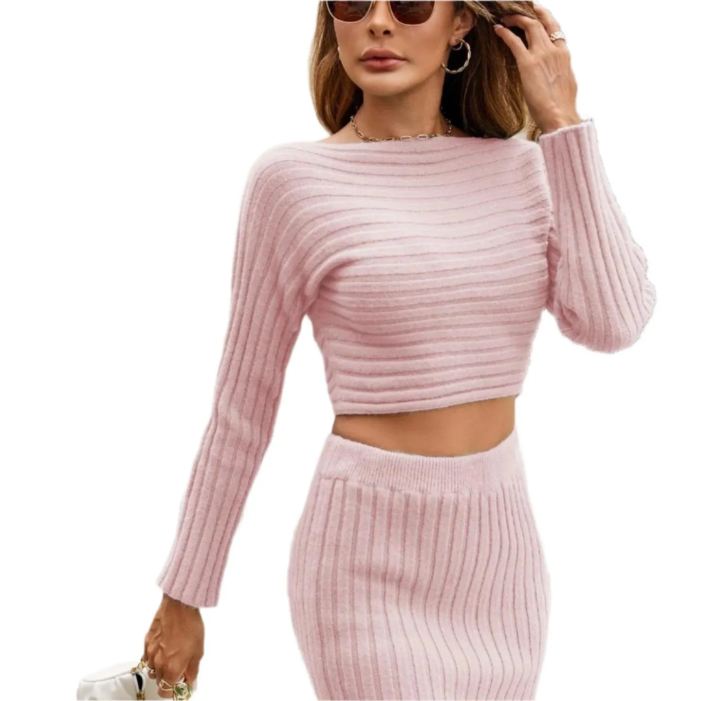 Two Piece Autumn Winter Knitted Skirt Set –Long-Sleeve Striped Hip Skirt Sweater