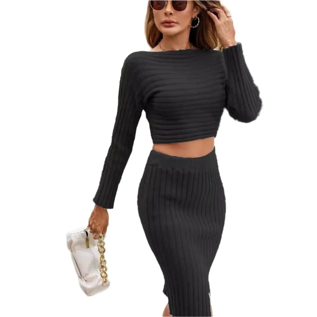 Two Piece Autumn Winter Knitted Skirt Set –Long-Sleeve Striped Hip Skirt Sweater