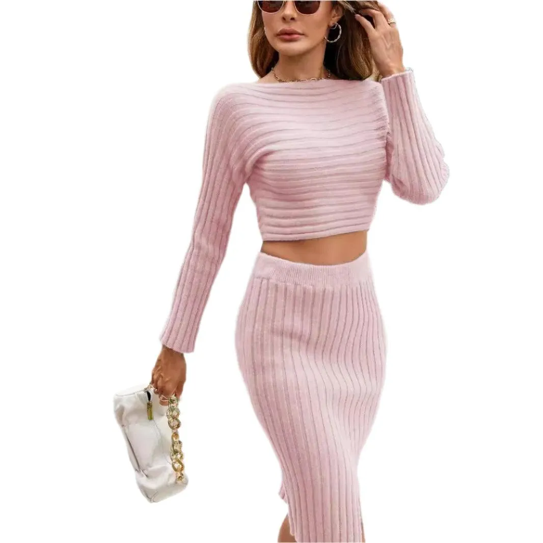 Two Piece Autumn Winter Knitted Skirt Set –Long-Sleeve Striped Hip Skirt Sweater