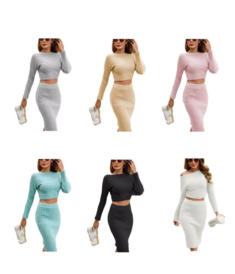 Two Piece Autumn Winter Knitted Skirt Set –Long-Sleeve Striped Hip Skirt Sweater
