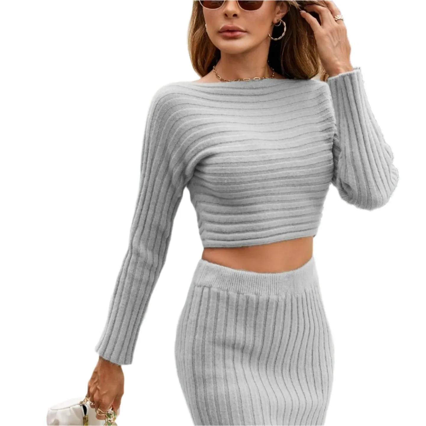 Two Piece Autumn Winter Knitted Skirt Set –Long-Sleeve Striped Hip Skirt Sweater