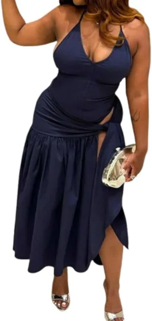 Two Piece Maxi Skirt Set for Women Y2K Lace Backless Halter Crop Top Pleated Flowy Long Skirt Summer Beach 2 Piece Outfit