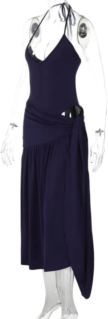 Two Piece Maxi Skirt Set for Women Y2K Lace Backless Halter Crop Top Pleated Flowy Long Skirt Summer Beach 2 Piece Outfit