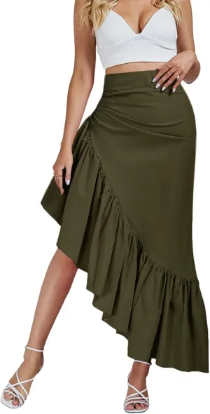 Umenlele Women's Ruched Ruffle High Low Asymmetrical Hem High Waist Midi Skirt