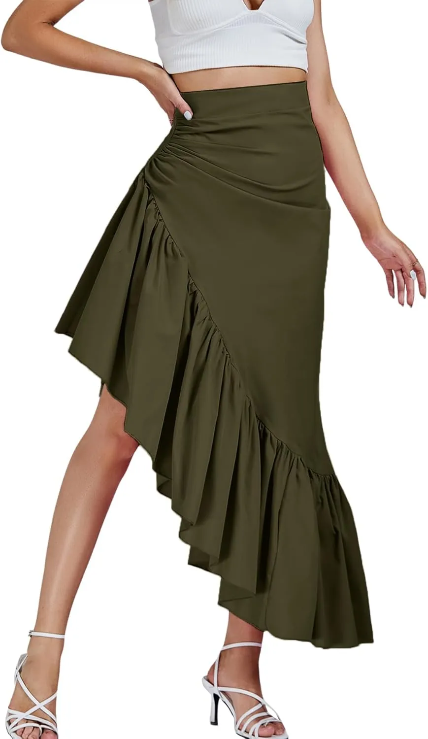 Umenlele Women's Ruched Ruffle High Low Asymmetrical Hem High Waist Midi Skirt
