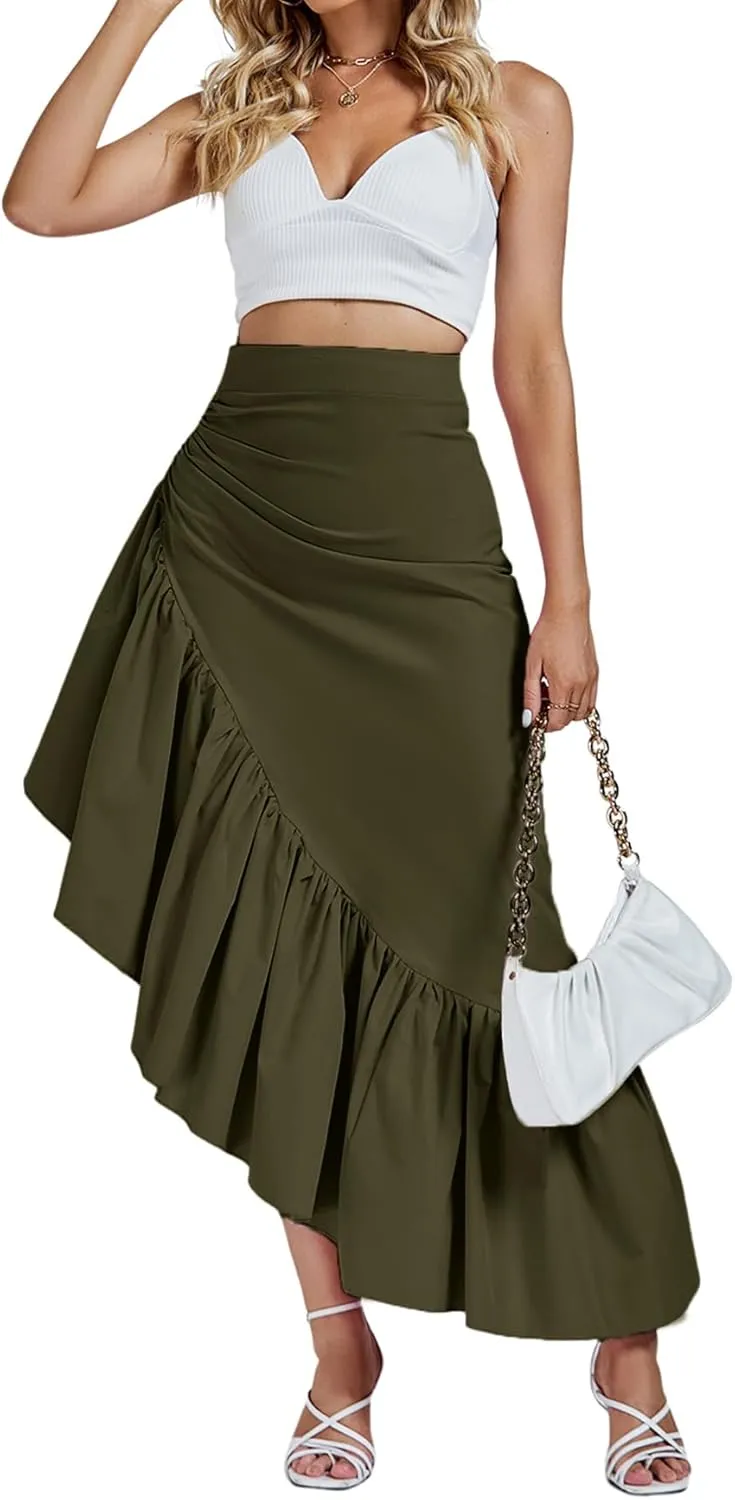 Umenlele Women's Ruched Ruffle High Low Asymmetrical Hem High Waist Midi Skirt