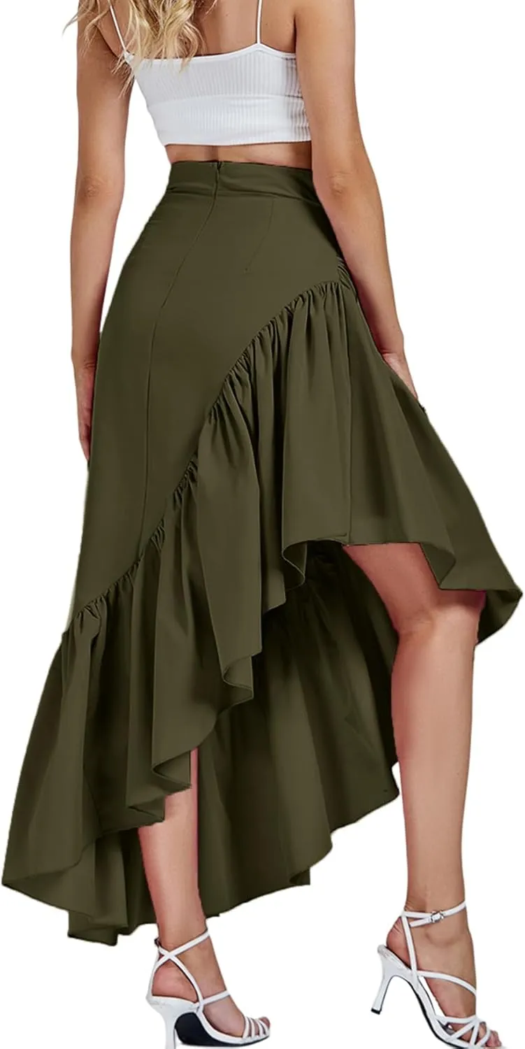 Umenlele Women's Ruched Ruffle High Low Asymmetrical Hem High Waist Midi Skirt