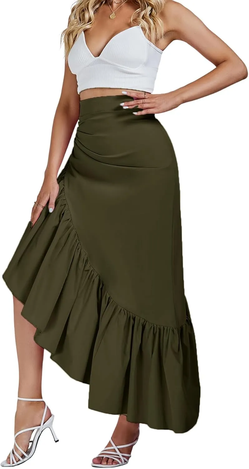 Umenlele Women's Ruched Ruffle High Low Asymmetrical Hem High Waist Midi Skirt