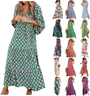 uSecee Boho Dresses for Women 2024 Casual Loose Bohemian Floral Dress Summer Beach Dress A Line Swing Flowy Long Maxi Dress