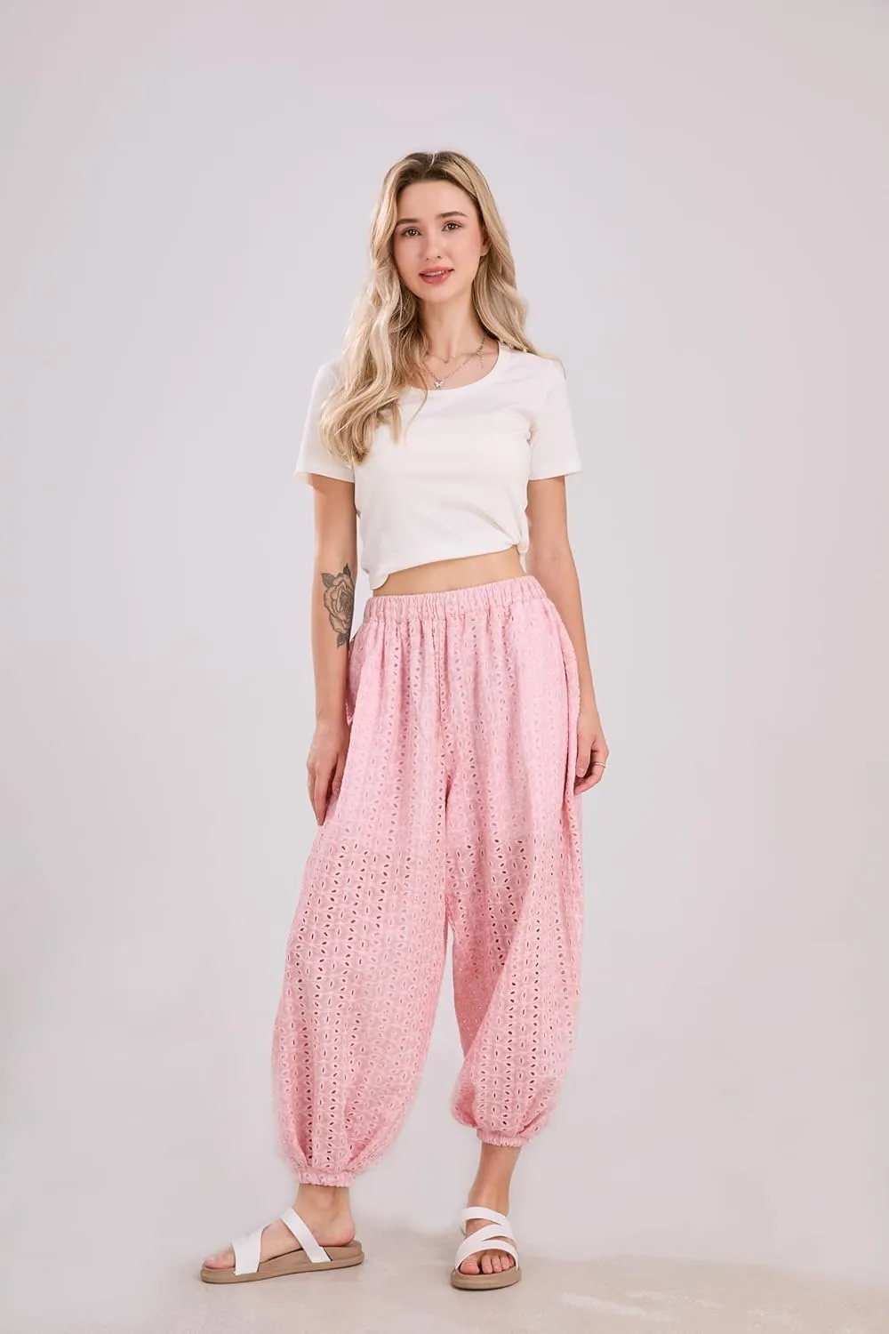 utcoco Womens Eyelet Lace Beach Palazzo Harem Pants Casual Loose Embroidery High Waist Cotton Trousers with Pockets