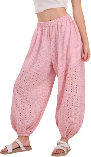 utcoco Womens Eyelet Lace Beach Palazzo Harem Pants Casual Loose Embroidery High Waist Cotton Trousers with Pockets