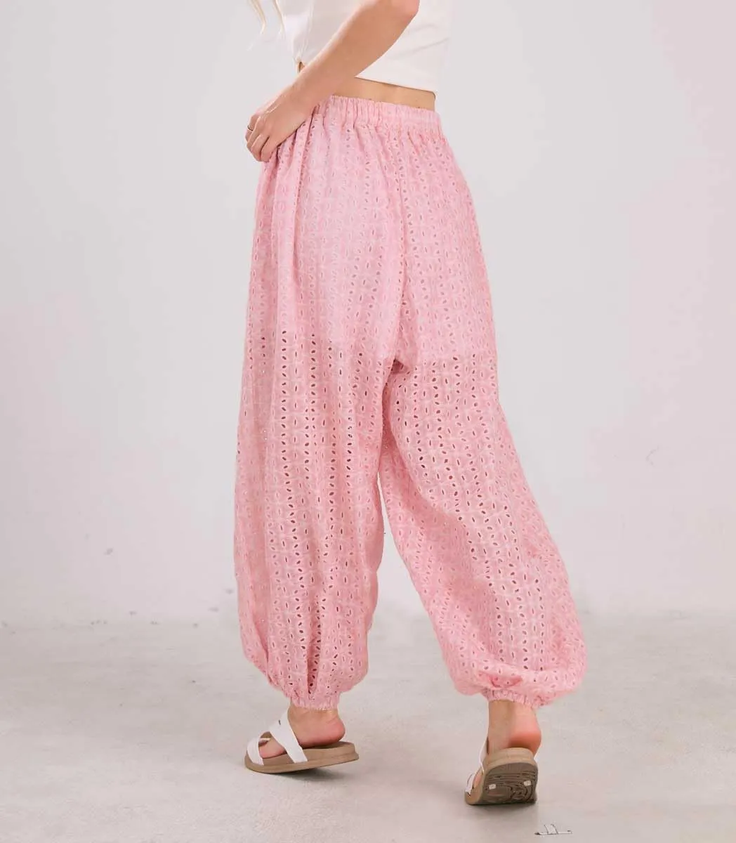utcoco Womens Eyelet Lace Beach Palazzo Harem Pants Casual Loose Embroidery High Waist Cotton Trousers with Pockets