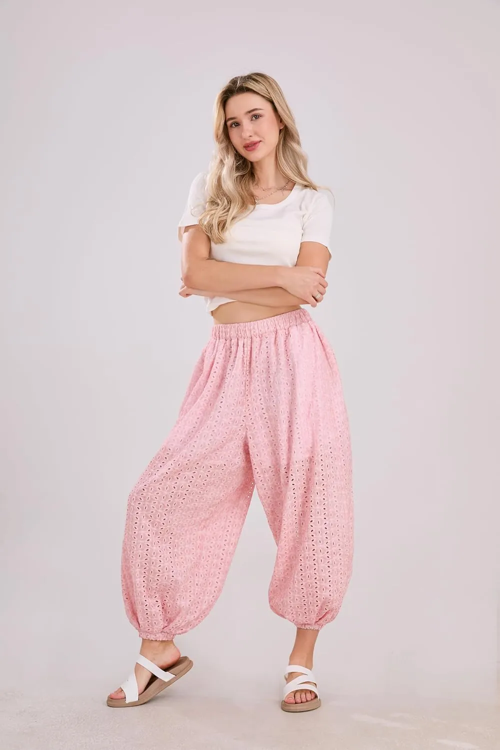 utcoco Womens Eyelet Lace Beach Palazzo Harem Pants Casual Loose Embroidery High Waist Cotton Trousers with Pockets