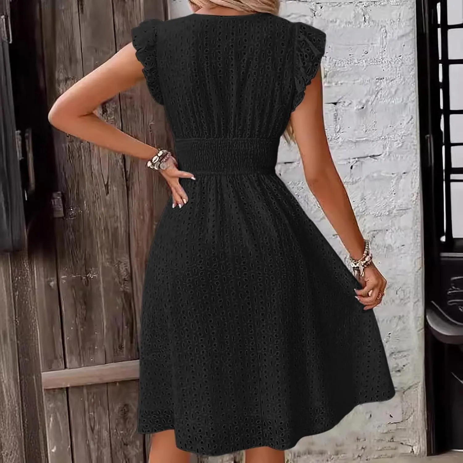 Vacation Dresses for Women 2025 Summer Trendy Eyelet Ruffle Sleeve V Neck Midi Dress Flowy A Line Beach Sundress