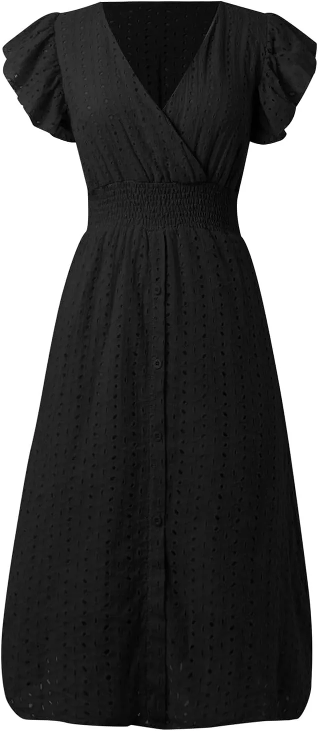 Vacation Dresses for Women 2025 Summer Trendy Eyelet Ruffle Sleeve V Neck Midi Dress Flowy A Line Beach Sundress