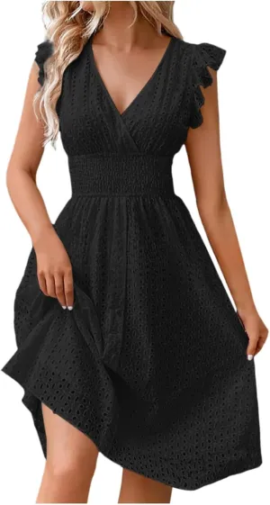 Vacation Dresses for Women 2025 Summer Trendy Eyelet Ruffle Sleeve V Neck Midi Dress Flowy A Line Beach Sundress