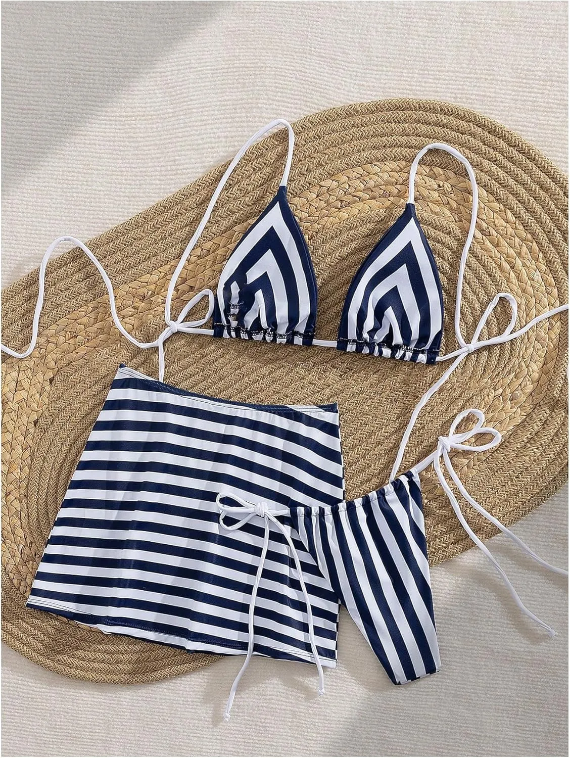 Verdusa Women's 3 Piece Striped Halter Bikini Set Tie Back Swimsuit with Cover Up Skirt