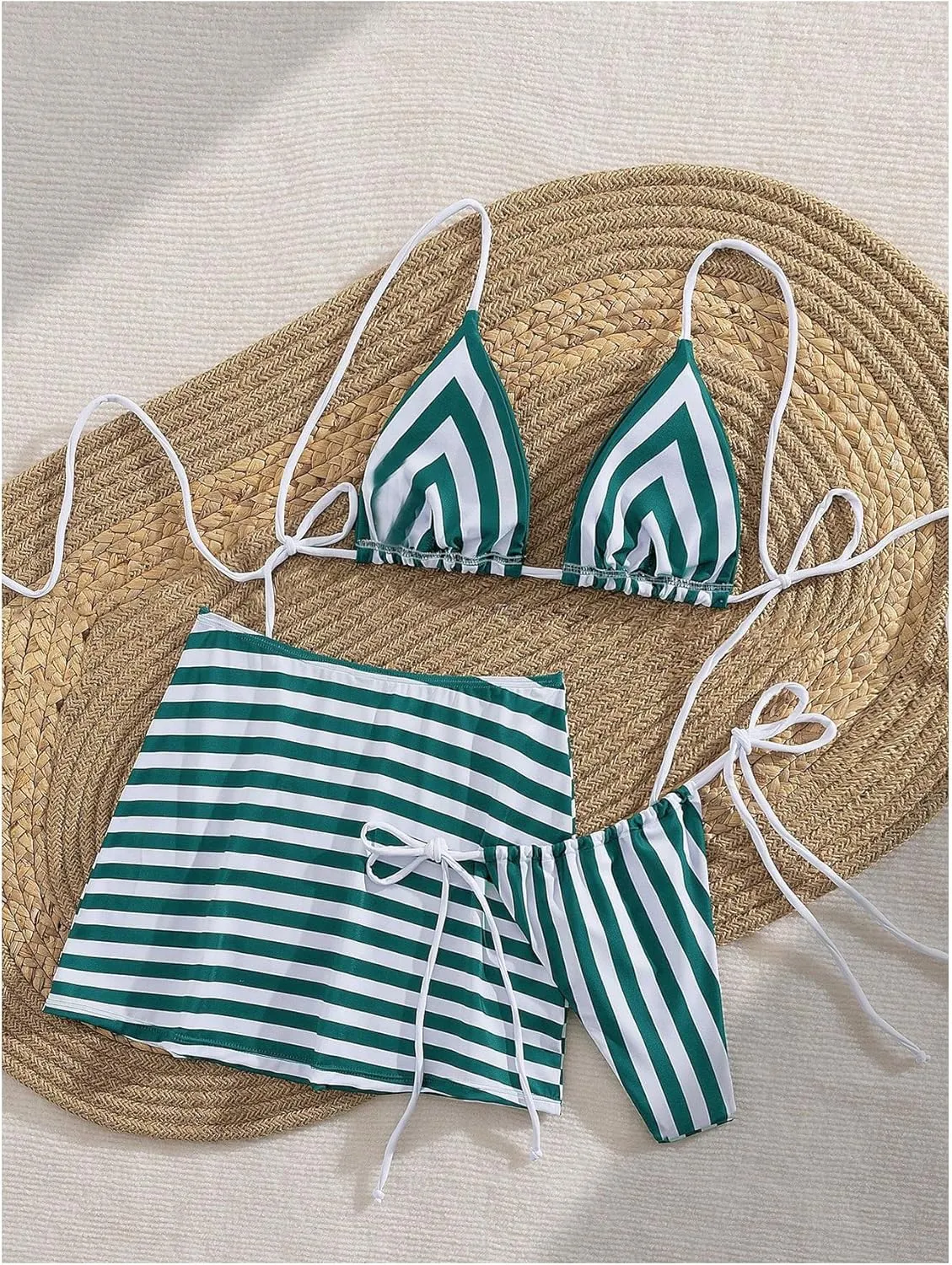 Verdusa Women's 3 Piece Striped Halter Bikini Set Tie Back Swimsuit with Cover Up Skirt