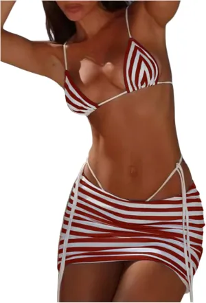 Verdusa Women's 3 Piece Striped Halter Bikini Set Tie Back Swimsuit with Cover Up Skirt