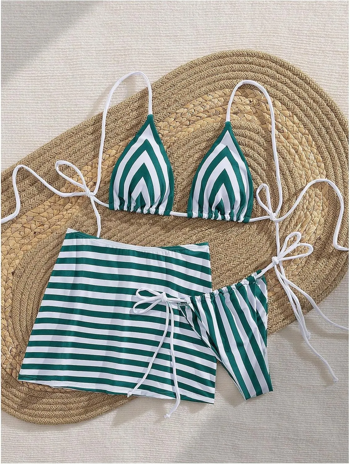 Verdusa Women's 3 Piece Striped Halter Bikini Set Tie Back Swimsuit with Cover Up Skirt