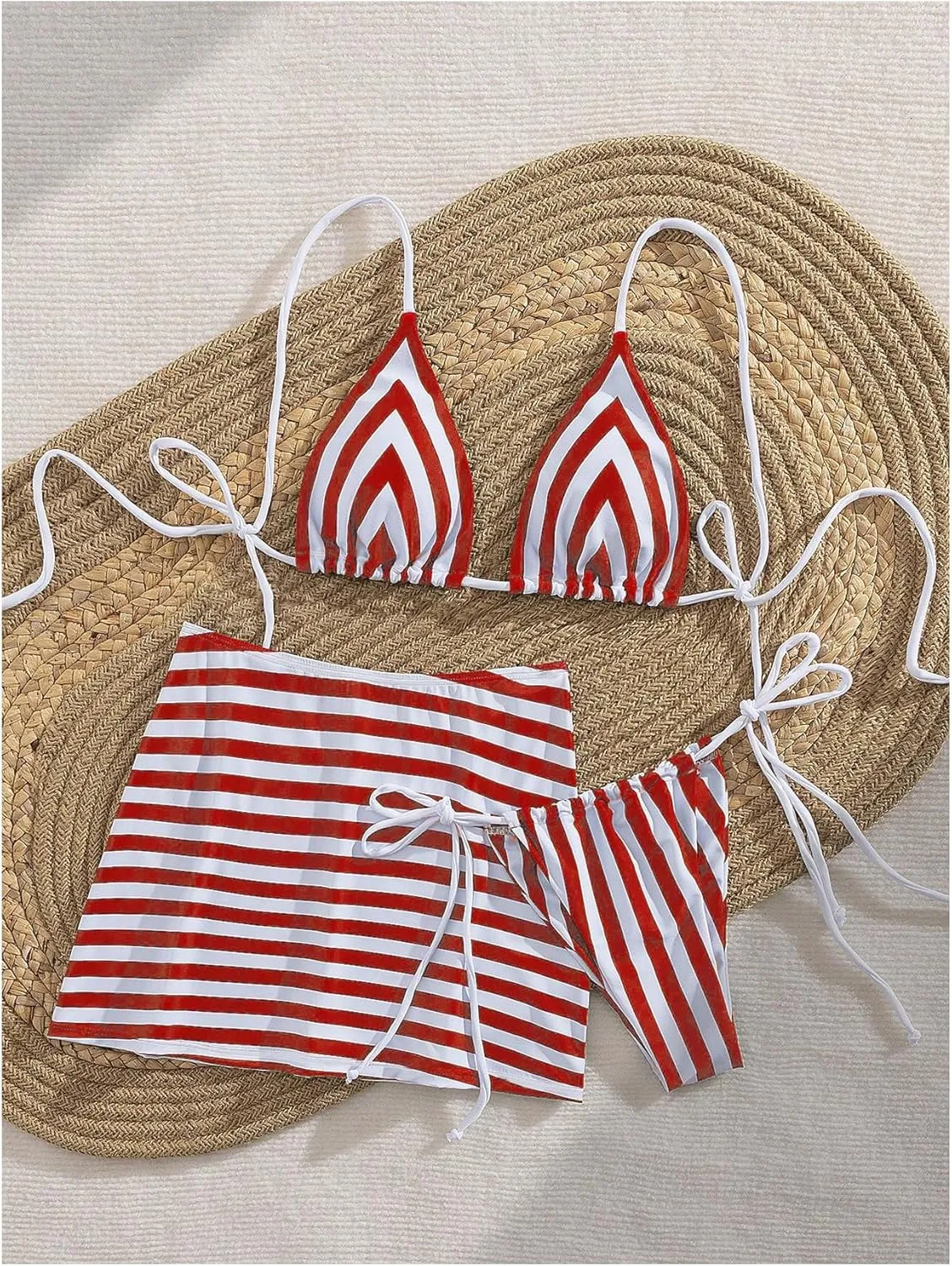 Verdusa Women's 3 Piece Striped Halter Bikini Set Tie Back Swimsuit with Cover Up Skirt