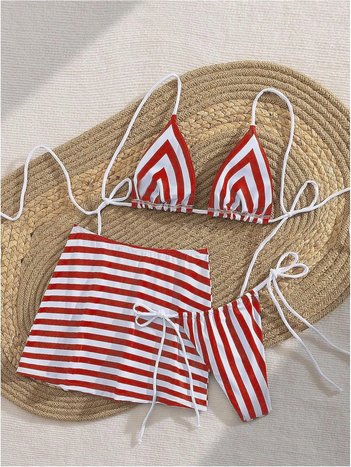 Verdusa Women's 3 Piece Striped Halter Bikini Set Tie Back Swimsuit with Cover Up Skirt