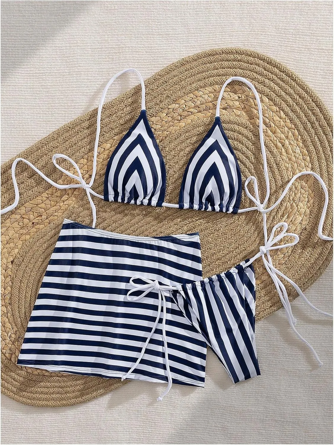 Verdusa Women's 3 Piece Striped Halter Bikini Set Tie Back Swimsuit with Cover Up Skirt
