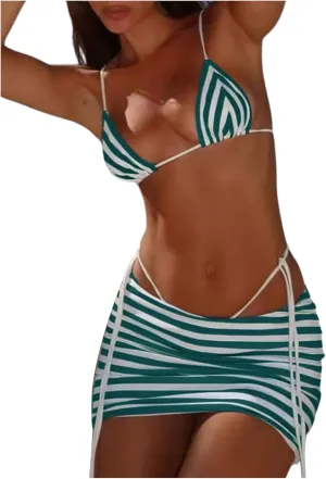 Verdusa Women's 3 Piece Striped Halter Bikini Set Tie Back Swimsuit with Cover Up Skirt