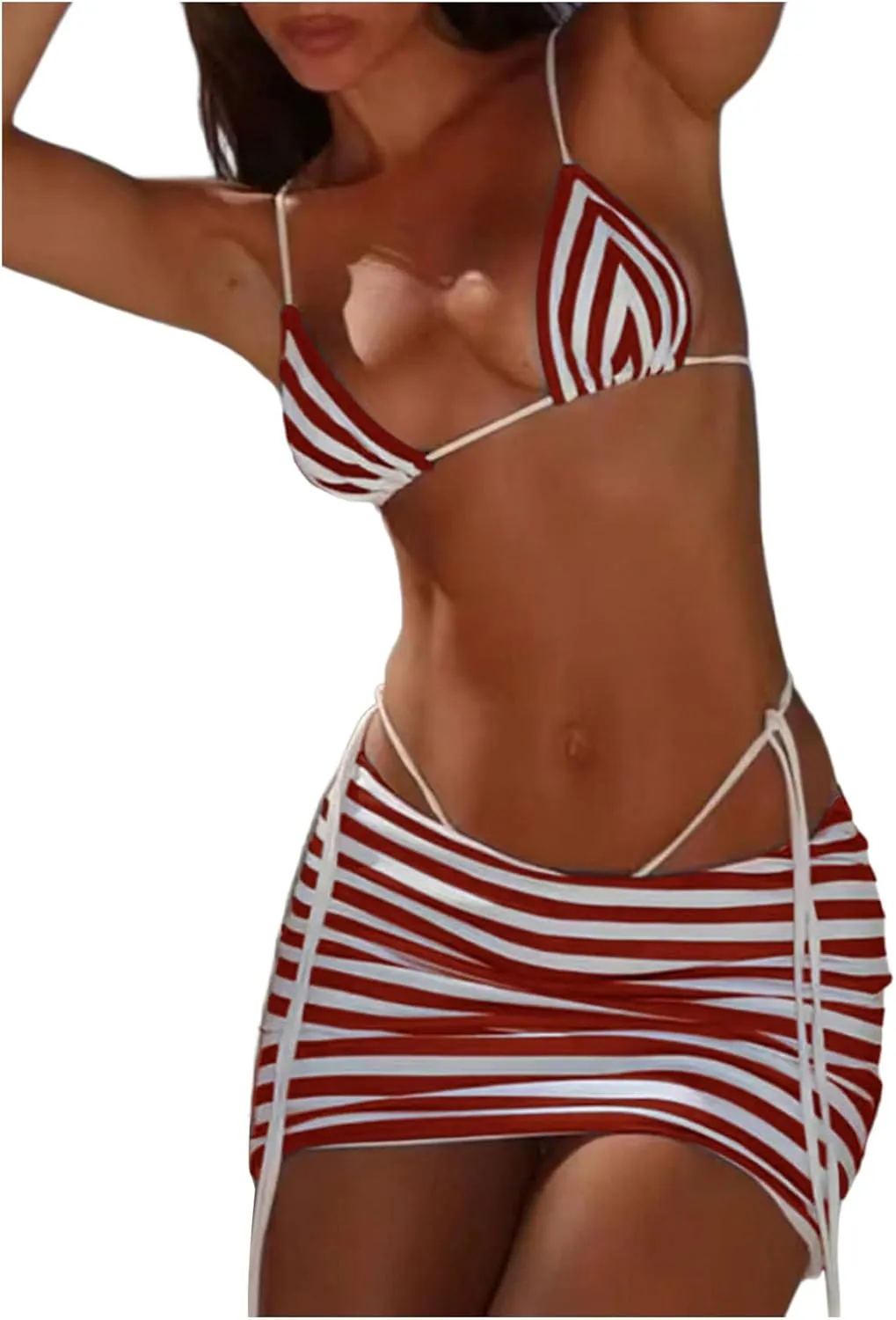 Verdusa Women's 3 Piece Striped Halter Bikini Set Tie Back Swimsuit with Cover Up Skirt