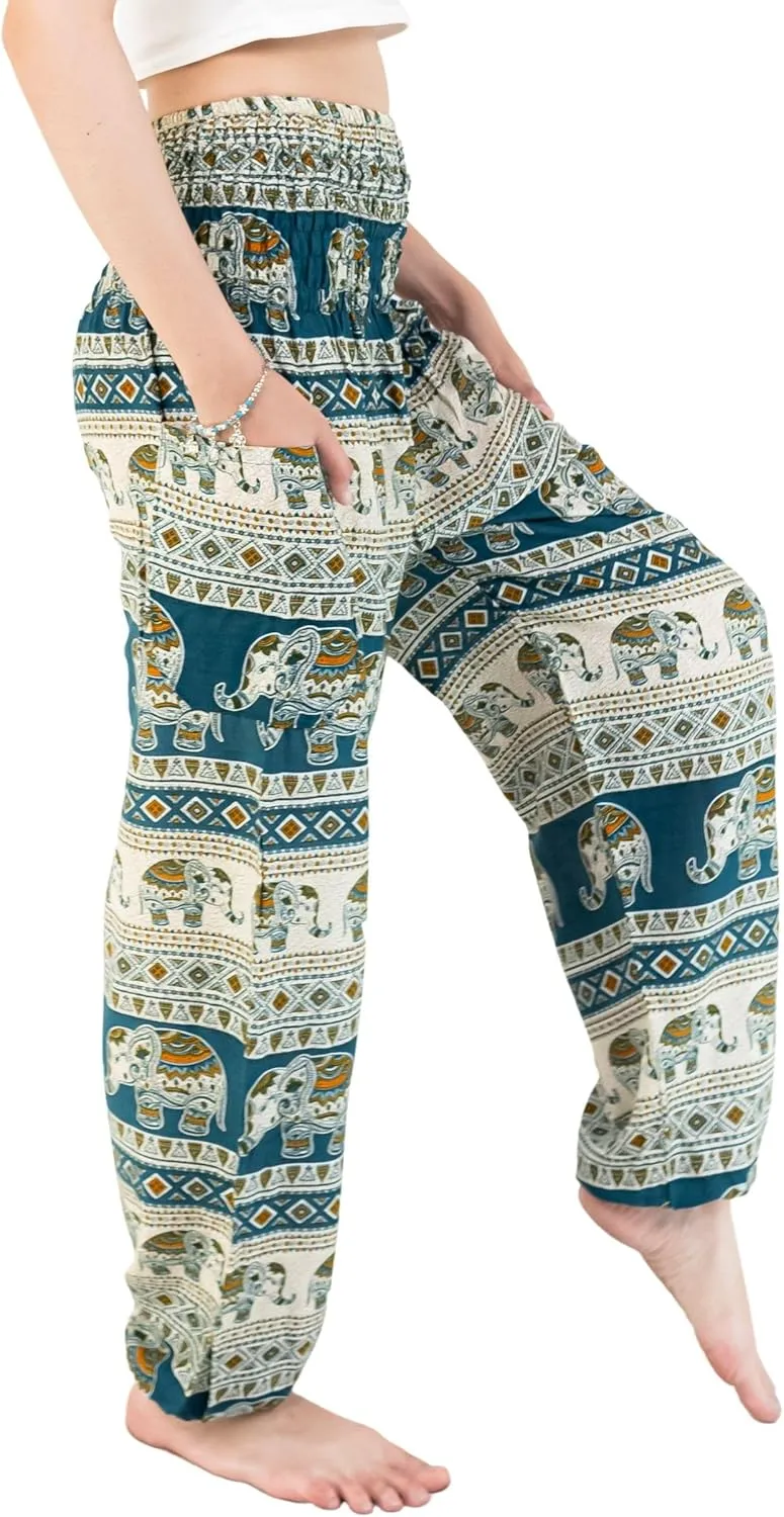 VIENG PING, Premium Rayon High-Waisted Boho Elephant Print Trousers Smocked Waist Harem Casual Yoga Pants for Women