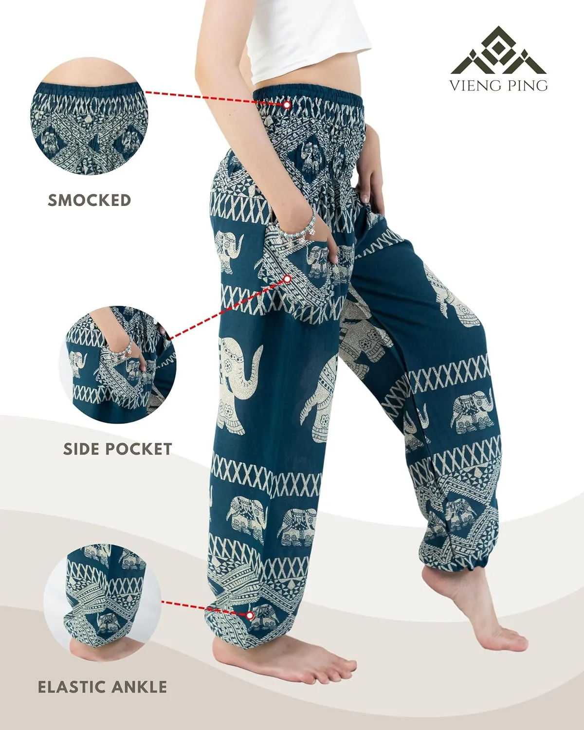 VIENG PING, Premium Rayon High-Waisted Boho Elephant Print Trousers Smocked Waist Harem Casual Yoga Pants for Women